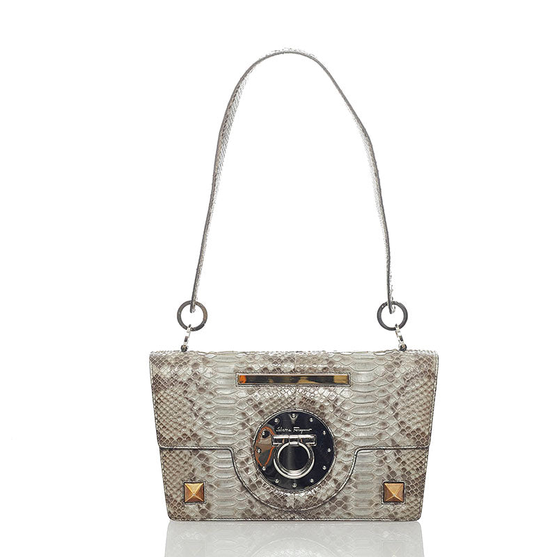 サルヴァトーレフェラガモ ガンチーニ パイソン 蛇 スタッズ ワンショルダーバッグ グレー パイソン レザー レディース Salvatore Ferragamo 【中古】