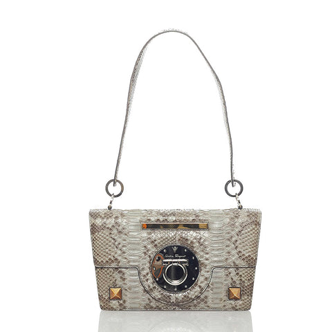 サルヴァトーレフェラガモ ガンチーニ パイソン 蛇 スタッズ ワンショルダーバッグ グレー パイソン レザー レディース Salvatore Ferragamo 【中古】