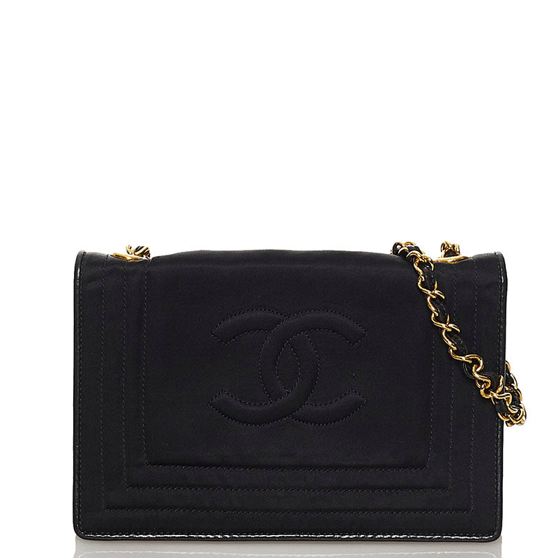 シャネル ココマーク チェーン ショルダーバッグ ブラック サテン レディース CHANEL 【中古】