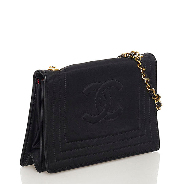シャネル ココマーク チェーン ショルダーバッグ ブラック サテン レディース CHANEL 【中古】