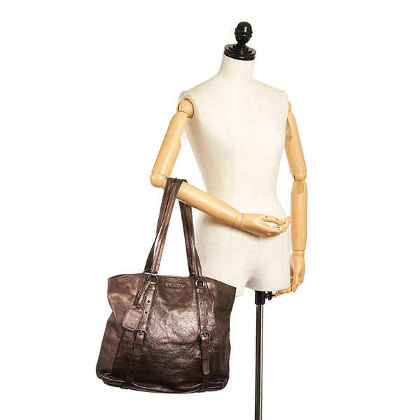 プラダ ショルダーバッグ トートバッグ メタリックブラウン レザー レディース PRADA 【中古】