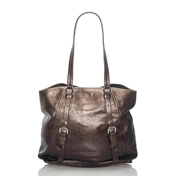 プラダ ショルダーバッグ トートバッグ メタリックブラウン レザー レディース PRADA 【中古】