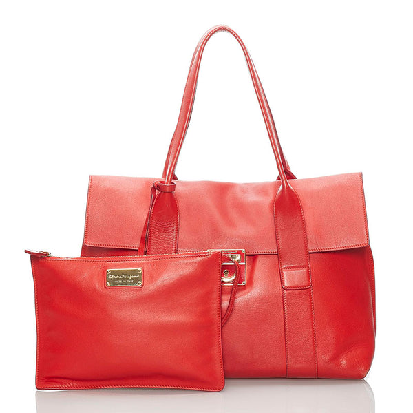 サルヴァトーレフェラガモ ガンチーニ ハンドバッグ トートバッグ GG-21D813 レッド レザー レディース Salvatore Ferragamo 【中古】