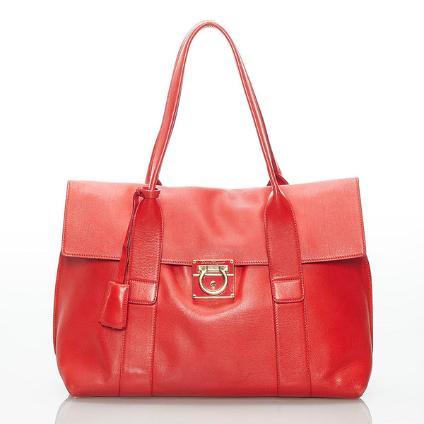 サルヴァトーレフェラガモ ガンチーニ ハンドバッグ トートバッグ GG-21D813 レッド レザー レディース Salvatore Ferragamo 【中古】