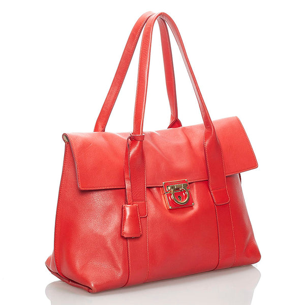 サルヴァトーレフェラガモ ガンチーニ ハンドバッグ トートバッグ GG-21D813 レッド レザー レディース Salvatore Ferragamo 【中古】