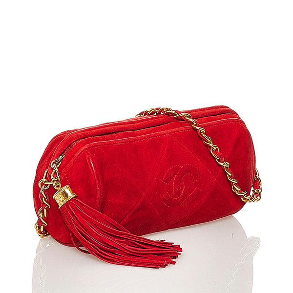 シャネル ココマーク  フリンジ タッセル チェーン ミニ ショルダーバッグ レッド スウェード レディース CHANEL 【中古】