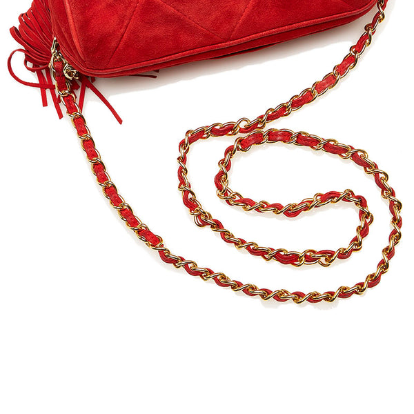 シャネル ココマーク  フリンジ タッセル チェーン ミニ ショルダーバッグ レッド スウェード レディース CHANEL 【中古】