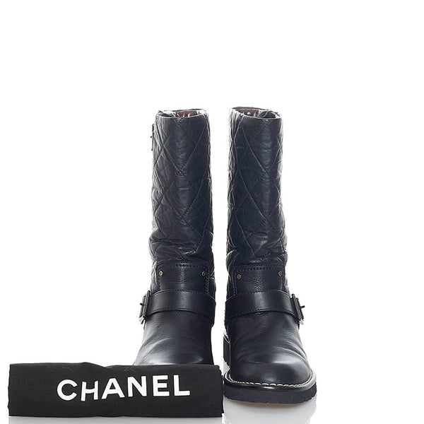 シャネル キルティング ココマーク エンジニアブーツ　 ブラック レザー レディース CHANEL 【中古】