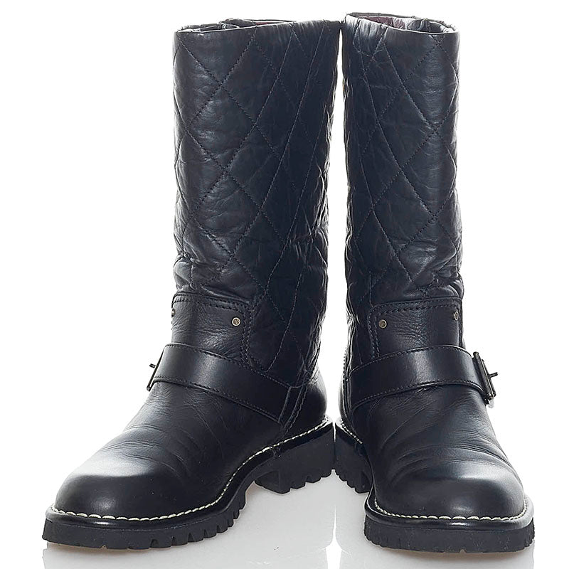 シャネル キルティング ココマーク エンジニアブーツ　 ブラック レザー レディース CHANEL 【中古】