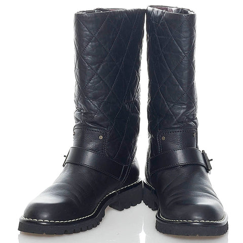 シャネル キルティング ココマーク エンジニアブーツ　 ブラック レザー レディース CHANEL 【中古】