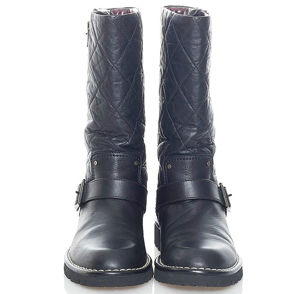 シャネル キルティング ココマーク エンジニアブーツ　 ブラック レザー レディース CHANEL 【中古】