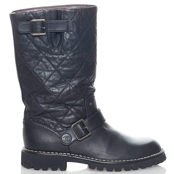 シャネル キルティング ココマーク エンジニアブーツ　 ブラック レザー レディース CHANEL 【中古】