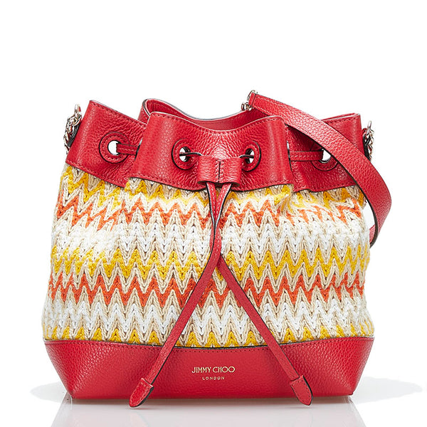ジミーチュウ 巾着 チェーン ショルダーバッグ レッド オレンジ レザー ラフィア レディース JIMMY CHOO 【中古】