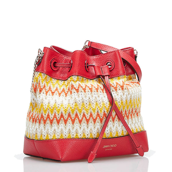 ジミーチュウ 巾着 チェーン ショルダーバッグ レッド オレンジ レザー ラフィア レディース JIMMY CHOO 【中古】