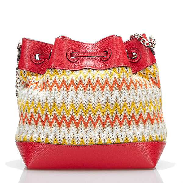 ジミーチュウ 巾着 チェーン ショルダーバッグ レッド オレンジ レザー ラフィア レディース JIMMY CHOO 【中古】