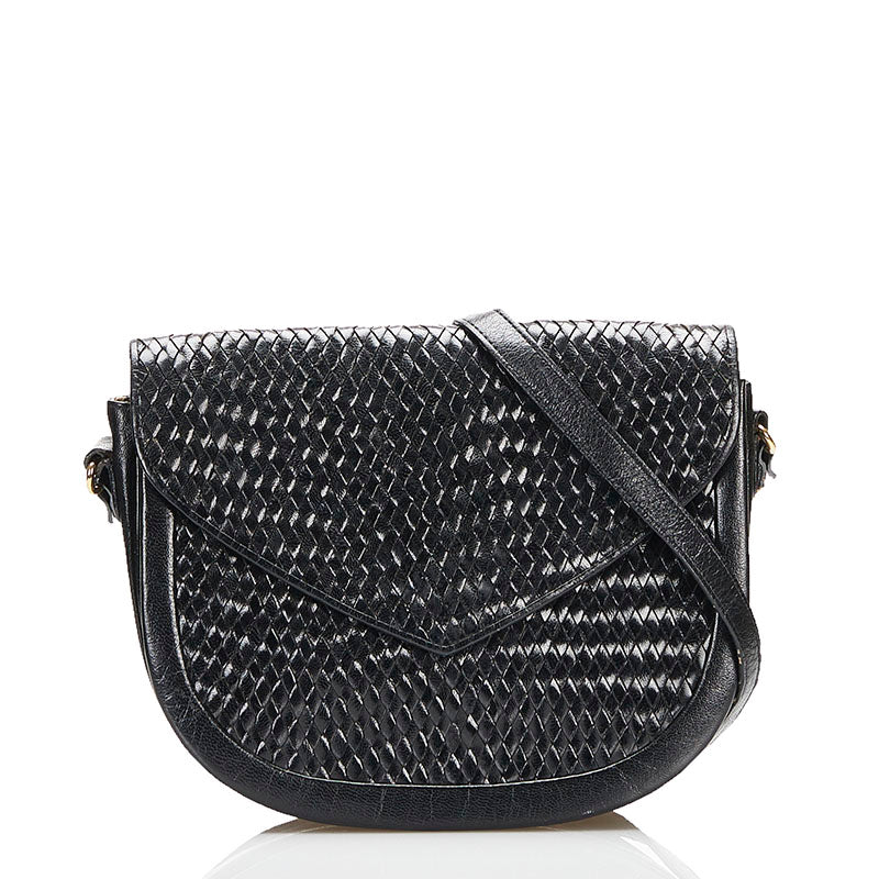 サンローラン ヴィンテージ 編み込み 斜め掛け ショルダーバッグ ブラック レザー レディース SAINT LAURENT 【中古】