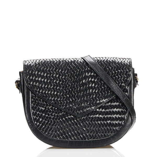 サンローラン ヴィンテージ 編み込み 斜め掛け ショルダーバッグ ブラック レザー レディース SAINT LAURENT 【中古】