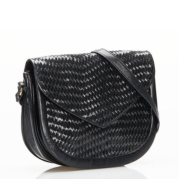 サンローラン ヴィンテージ 編み込み 斜め掛け ショルダーバッグ ブラック レザー レディース SAINT LAURENT 【中古】