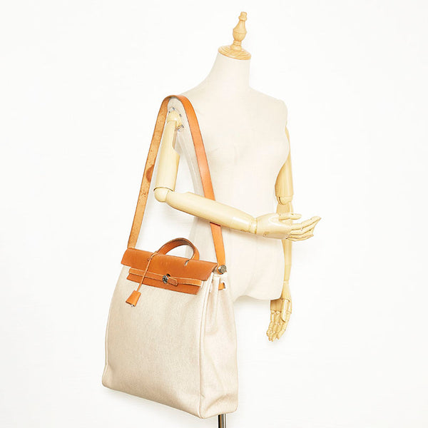 エルメス エールバッグMM  ハンドバッグ ショルダーバッグ ホワイト ブラウン キャンバス レザー レディース HERMES 【中古】