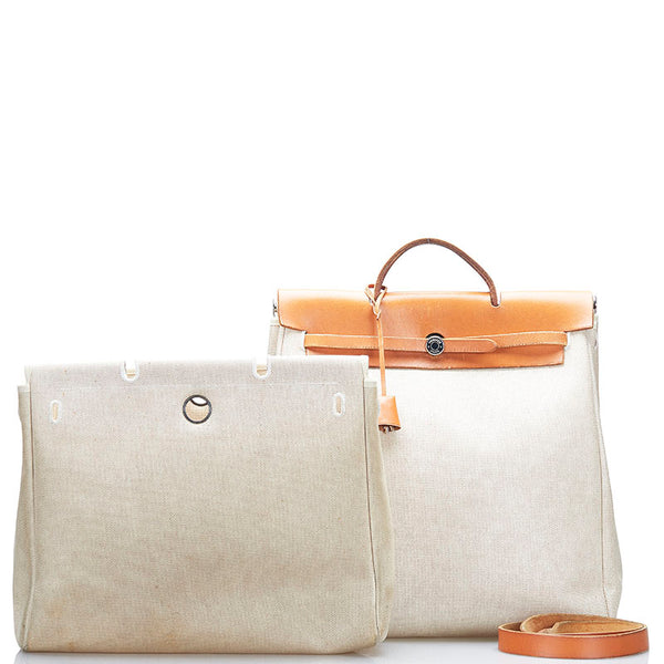 エルメス エールバッグMM  ハンドバッグ ショルダーバッグ ホワイト ブラウン キャンバス レザー レディース HERMES 【中古】