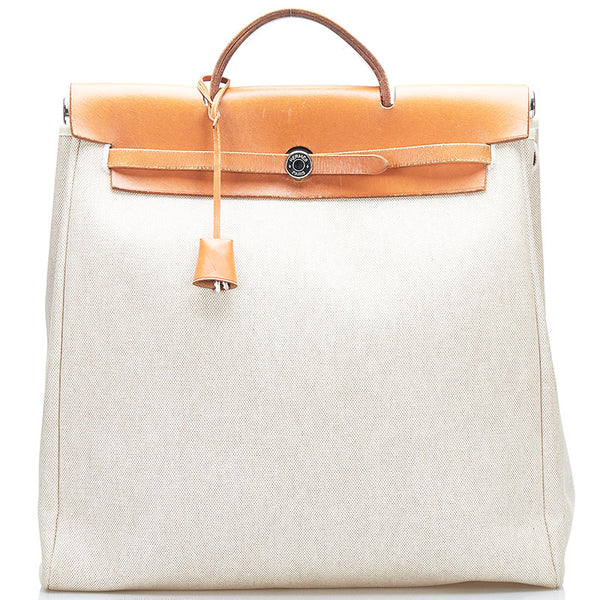エルメス エールバッグMM  ハンドバッグ ショルダーバッグ ホワイト ブラウン キャンバス レザー レディース HERMES 【中古】