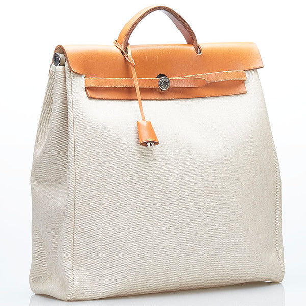エルメス エールバッグMM  ハンドバッグ ショルダーバッグ ホワイト ブラウン キャンバス レザー レディース HERMES 【中古】
