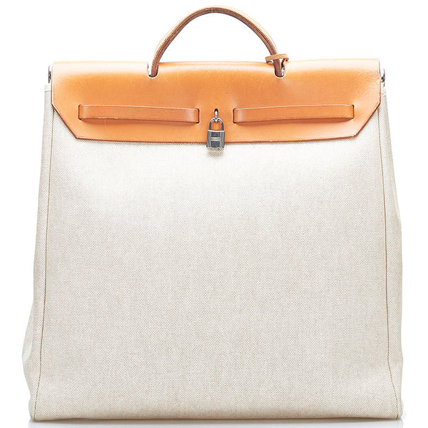 エルメス エールバッグMM  ハンドバッグ ショルダーバッグ ホワイト ブラウン キャンバス レザー レディース HERMES 【中古】