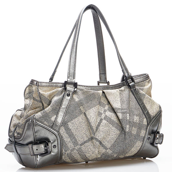 バーバリー チェック トートバッグ ハンドバッグ ベージュ シルバー キャンバス レザー レディース BURBERRY 【中古】