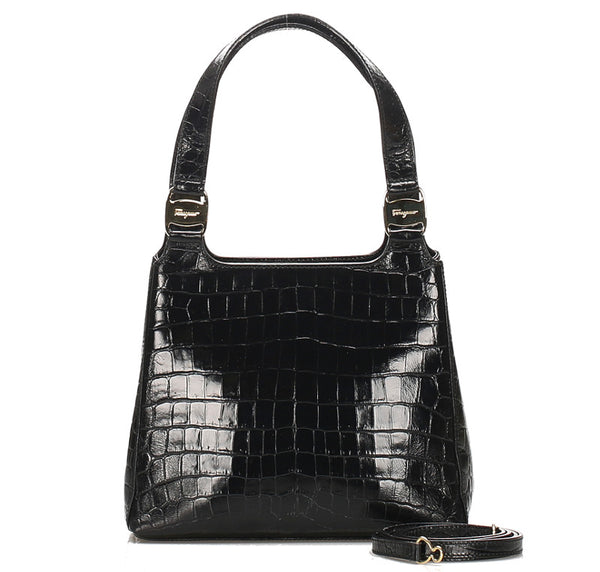 サルヴァトーレフェラガモ ヴァラ AQ-217755 ブラック 黒 クロコ型押し ハンドバッグ レディース Salvatore Ferragamo 中古