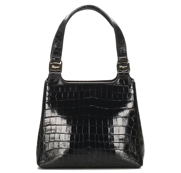 サルヴァトーレフェラガモ ヴァラ AQ-217755 ブラック 黒 クロコ型押し ハンドバッグ レディース Salvatore Ferragamo 中古