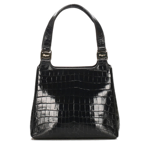 サルヴァトーレフェラガモ ヴァラ AQ-217755 ブラック 黒 クロコ型押し ハンドバッグ レディース Salvatore Ferragamo 中古