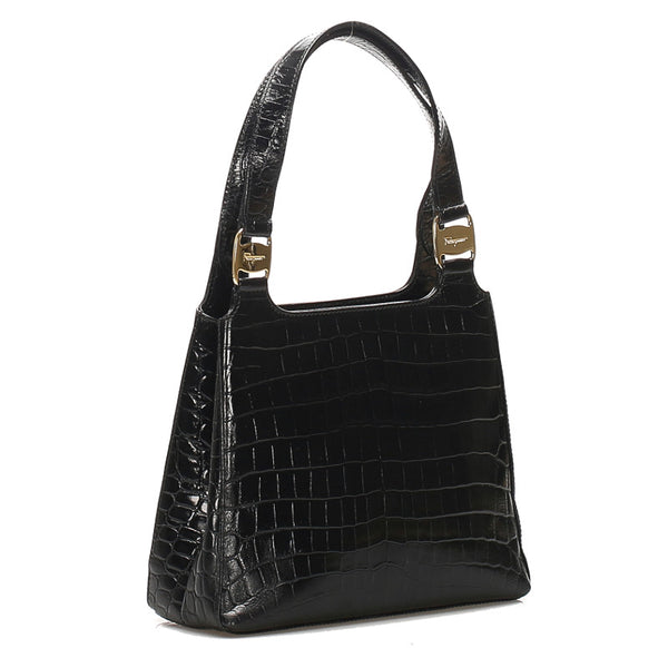 サルヴァトーレフェラガモ ヴァラ AQ-217755 ブラック 黒 クロコ型押し ハンドバッグ レディース Salvatore Ferragamo 中古