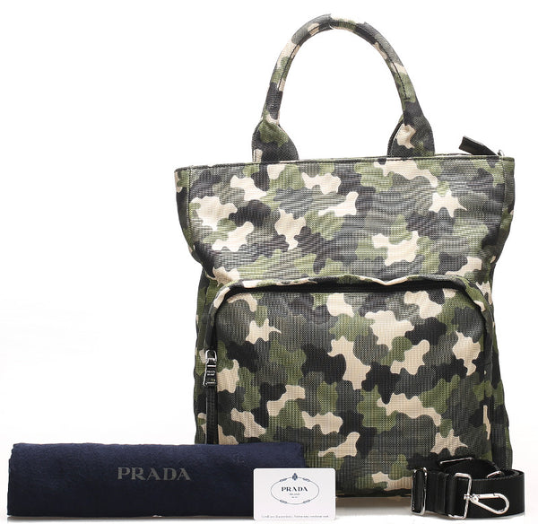 プラダ カモフラージュ VA0878 グリーン 迷彩 キャンバス レザー トートバッグ メンズ PRADA 中古