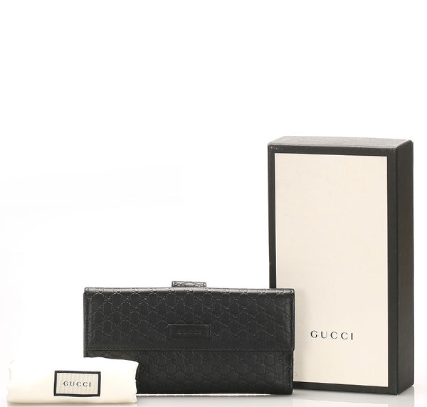 グッチ マイクロGGシマ 449393 ブラック レザー 長財布 レディース GUCCI 中古