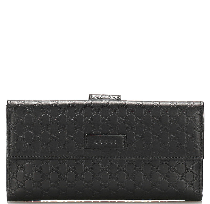 グッチ マイクロGGシマ 449393 ブラック レザー 長財布 レディース GUCCI 中古
