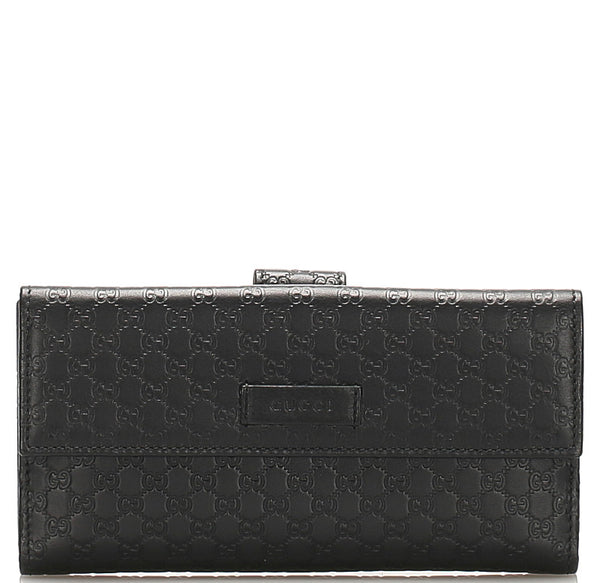 グッチ マイクロGGシマ 449393 ブラック レザー 長財布 レディース GUCCI 中古