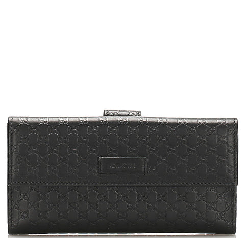 グッチ マイクロGGシマ 449393 ブラック レザー 長財布 レディース GUCCI 中古