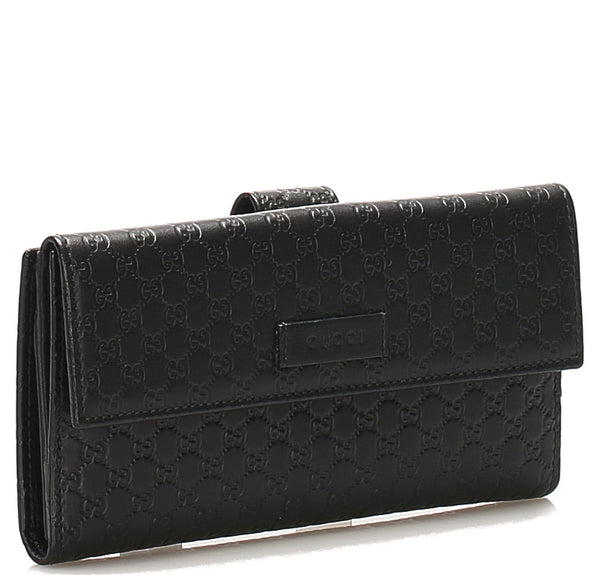 グッチ マイクロGGシマ 449393 ブラック レザー 長財布 レディース GUCCI 中古