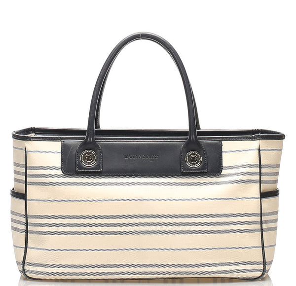バーバリー ボーダー ホワイト ネイビー  キャンバス レザー ショルダーバッグ ユニセックス BURBERRY 中古