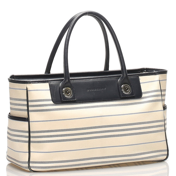 バーバリー ボーダー ホワイト ネイビー  キャンバス レザー ショルダーバッグ ユニセックス BURBERRY 中古