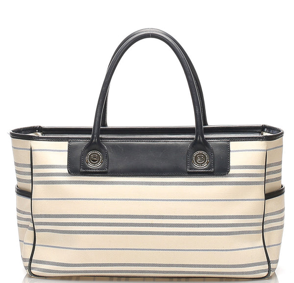 バーバリー ボーダー ホワイト ネイビー  キャンバス レザー ショルダーバッグ ユニセックス BURBERRY 中古
