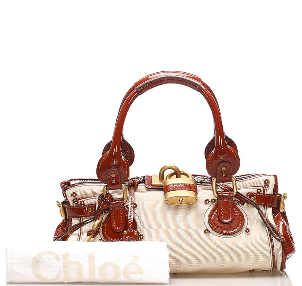 クロエ パディントン ホワイト ブラウン キャンバス エナメル ショルダーバッグ レディース Chloe 中古