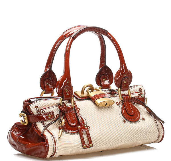 クロエ パディントン ホワイト ブラウン キャンバス エナメル ショルダーバッグ レディース Chloe 中古