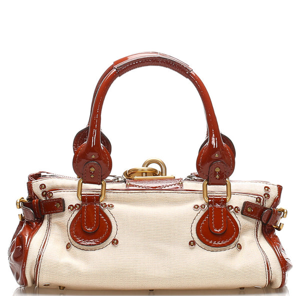 クロエ パディントン ホワイト ブラウン キャンバス エナメル ショルダーバッグ レディース Chloe 中古