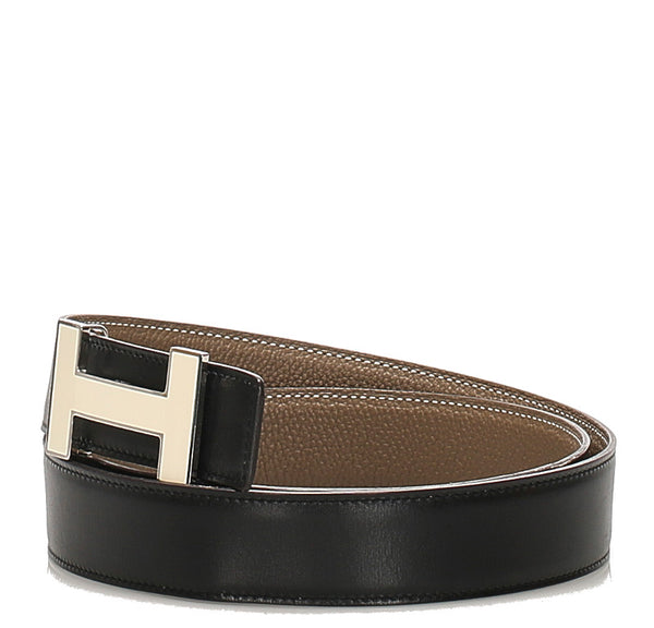 エルメス ベージュ ホワイト レザー ベルト メンズ HERMES □M印刻(2009年制)刻印 中古