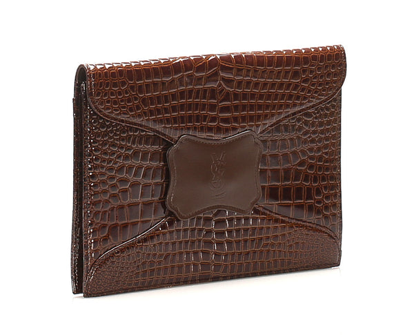 イヴ サンローラン ブラウン 茶 クロコ型押し クラッチバッグ レディース YVES SAINT LAURENT 中古