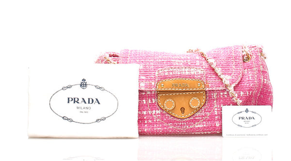プラダ BR4658 ピンク ツイード レザー 肩掛け チェーン ショルダーバッグ レディース PRADA 中古