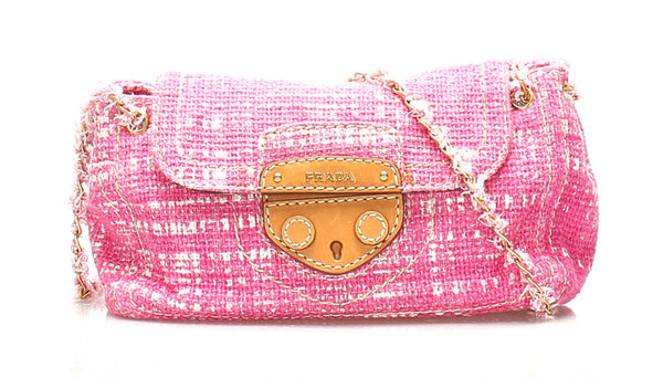 プラダ BR4658 ピンク ツイード レザー 肩掛け チェーン ショルダーバッグ レディース PRADA 中古