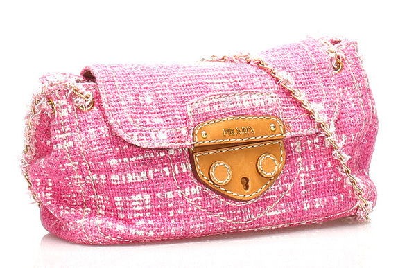プラダ BR4658 ピンク ツイード レザー 肩掛け チェーン ショルダーバッグ レディース PRADA 中古