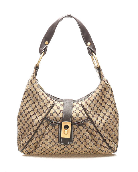 セリーヌ マカダム ブラウン 茶 キャンバス レザー ショルダーバッグ レディース CELINE 中古